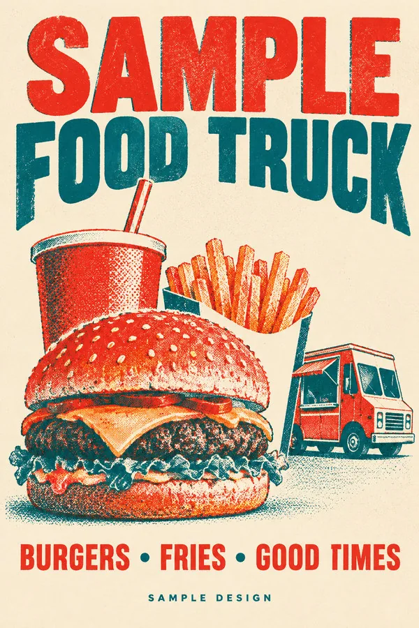 Two-colour risograph poster for the fictional Sample Food Truck