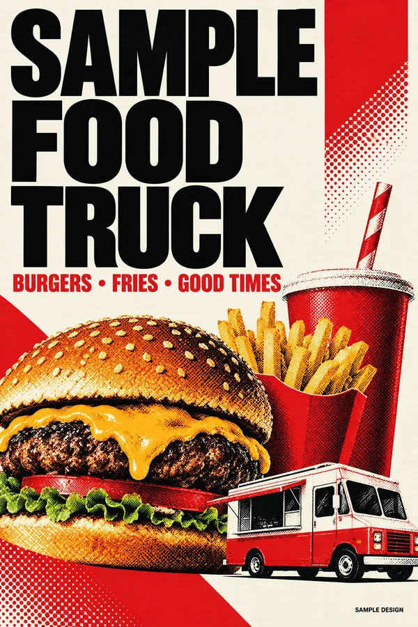 Swiss-style poster with bold black type and red accents