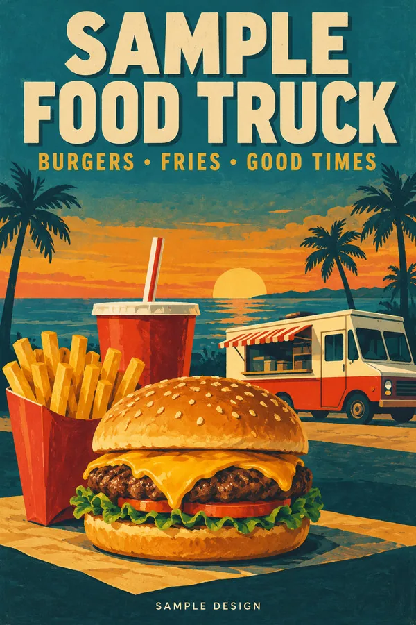 Vintage travel poster poster for the fictional Sample Food Truck