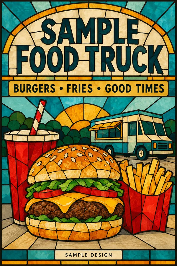 Stained-glass illustration poster for the fictional Sample Food Truck