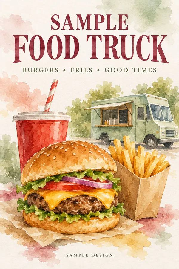 Watercolour poster for the fictional Sample Food Truck
