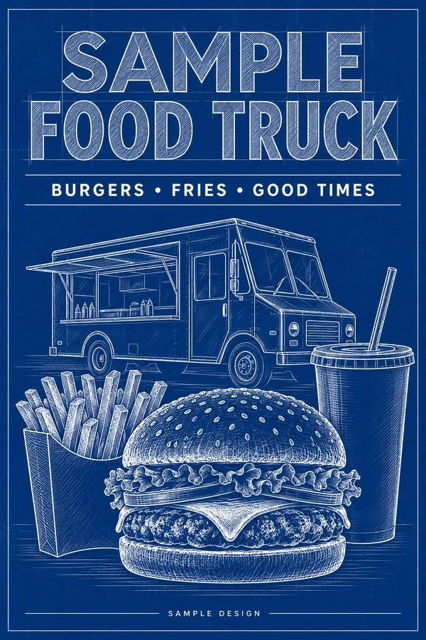 Blueprint illustration poster for the fictional Sample Food Truck