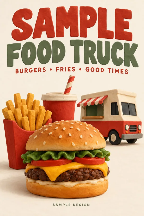 Matte clay illustration poster for the fictional Sample Food Truck